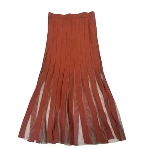 En Saison Midi Skirt Sheer‎ Knit Pleated Rust Brown Stretchy Waist Small New